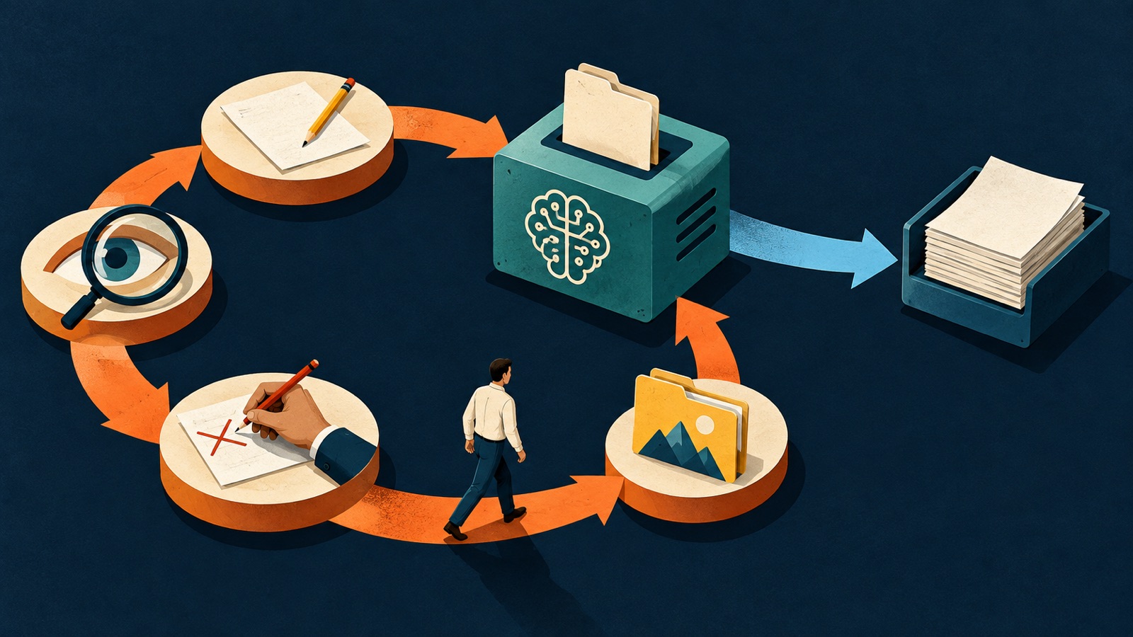 Two paths circle an AI workbench: one sends finished pages directly to an output tray, while the other passes through human inspection, correction and an unaided practice station.