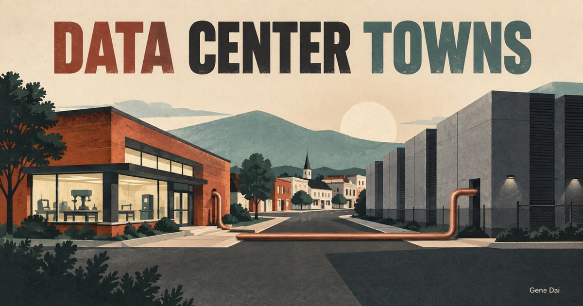 A printed illustration places a trade workshop and an unbranded data center on opposite sides of a town street beneath DATA CENTER TOWNS.