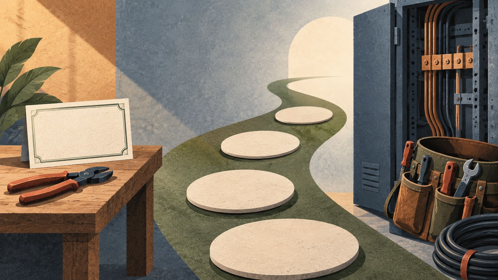A blank course card and a short workbench sit at one end of a long path toward an electrical cabinet and tool belt.