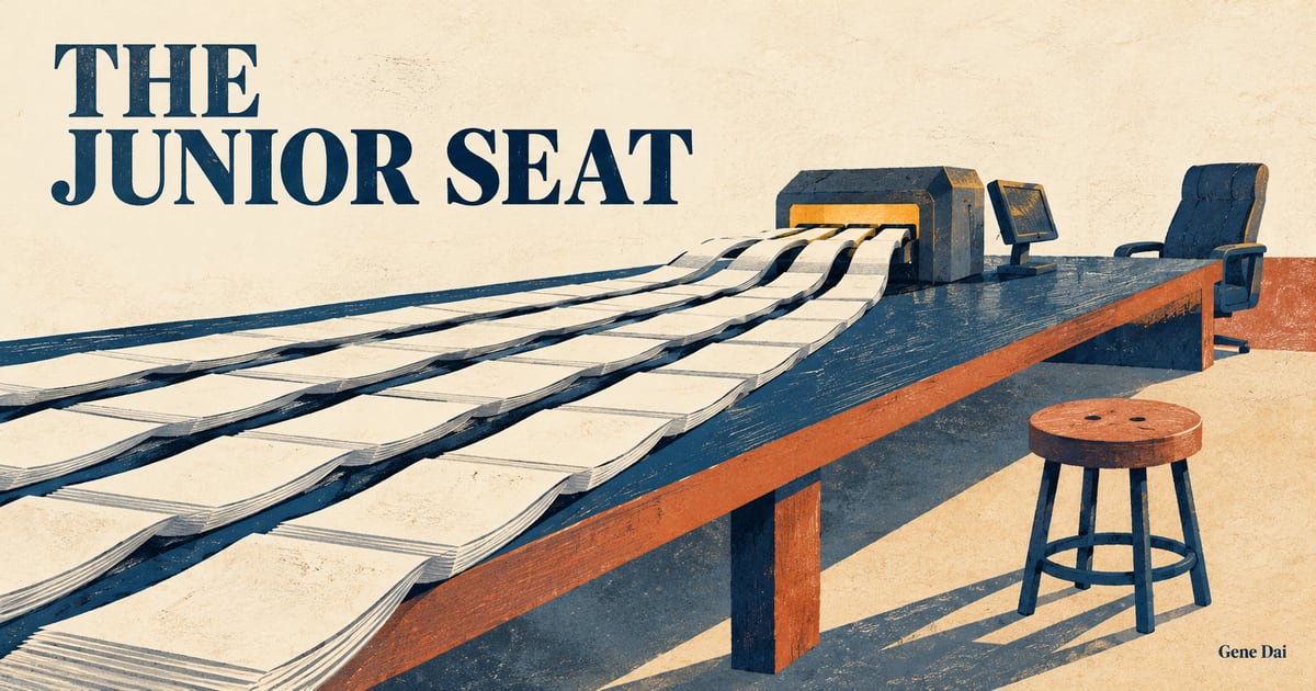 An empty junior stool sits beside a desk where broad streams of paper feed a machine-assisted workstation, beneath the words THE JUNIOR SEAT and a small Gene Dai signature.