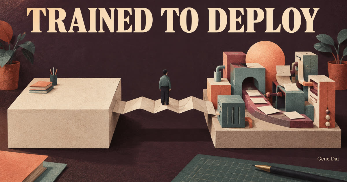 A small engineer figure crosses a folded-paper span from a blank practice block toward an abstract production workflow beneath the words TRAINED TO DEPLOY.