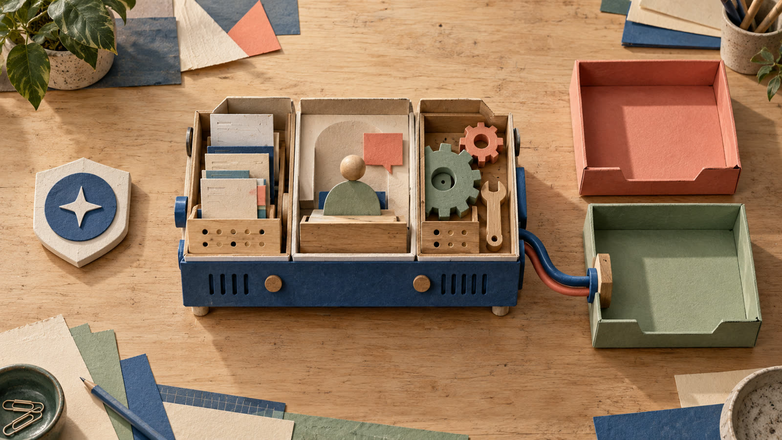 An abstract badge sits beside a modular workflow machine connected to an empty customer handoff tray, with no product interface or figures.