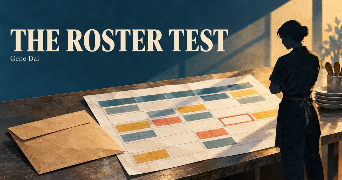 An anonymous shift manager studies a paper roster and payroll envelope beneath the words THE ROSTER TEST and a small Gene Dai signature.