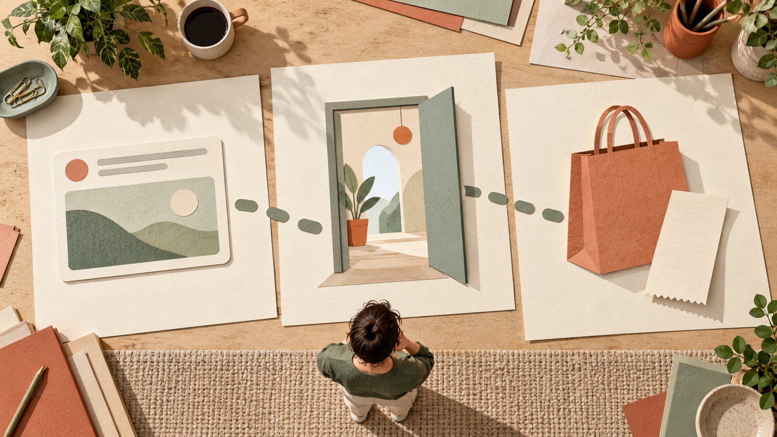 Three separate paper panels depict an unbranded ad card, a landing-page doorway and a shopping bag with a blank receipt, with a small analyst looking over the path.
