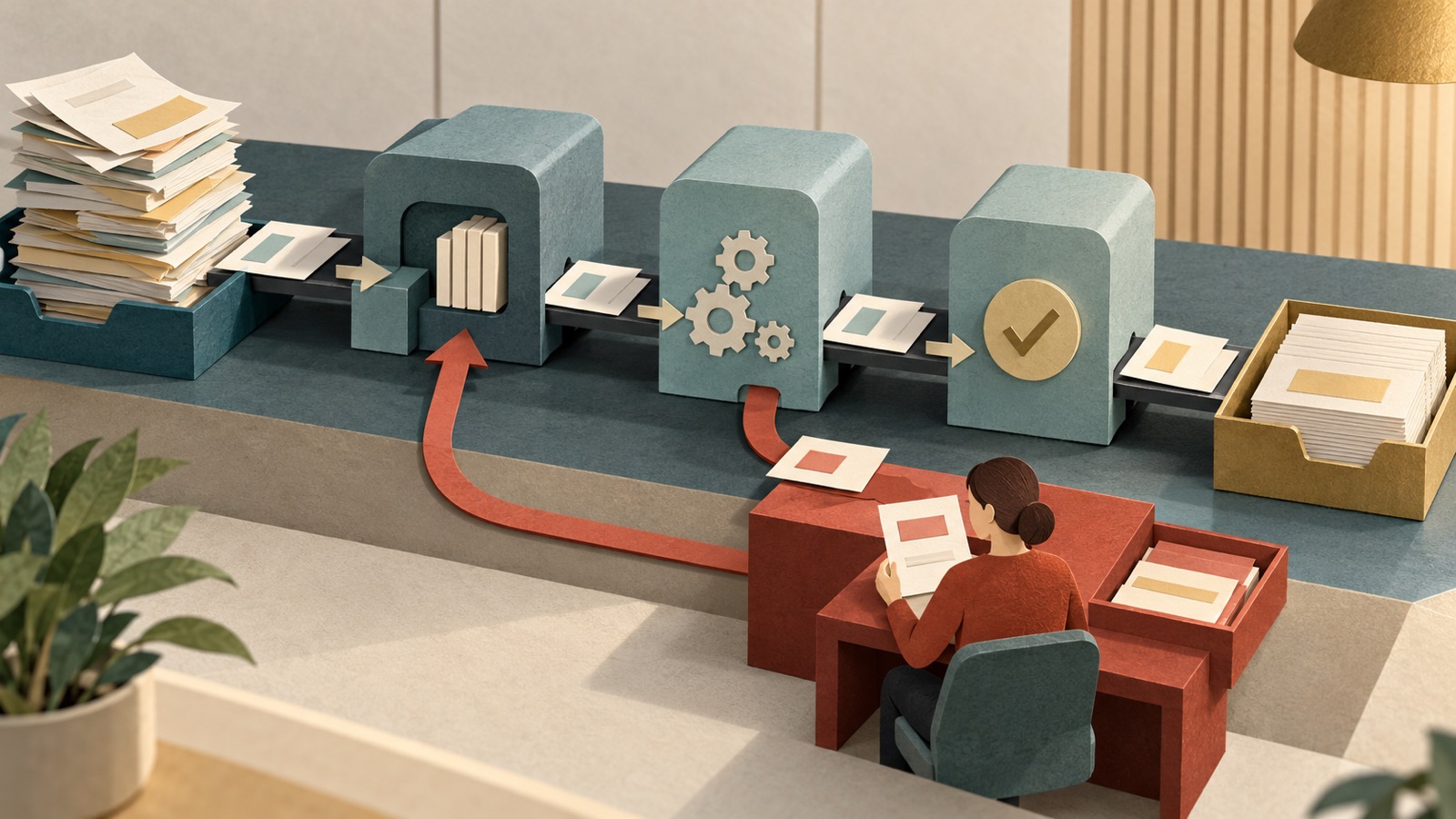 A conceptual operations line sends routine paper requests through three large processing stages while one red exception routes to a seated human reviewer and a correction flows back.