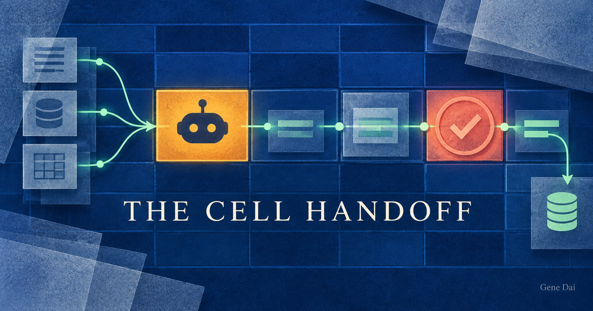 A blue spreadsheet grid with an amber agent tile and a human review stamp linked by a visible change trail beneath the headline THE CELL HANDOFF.