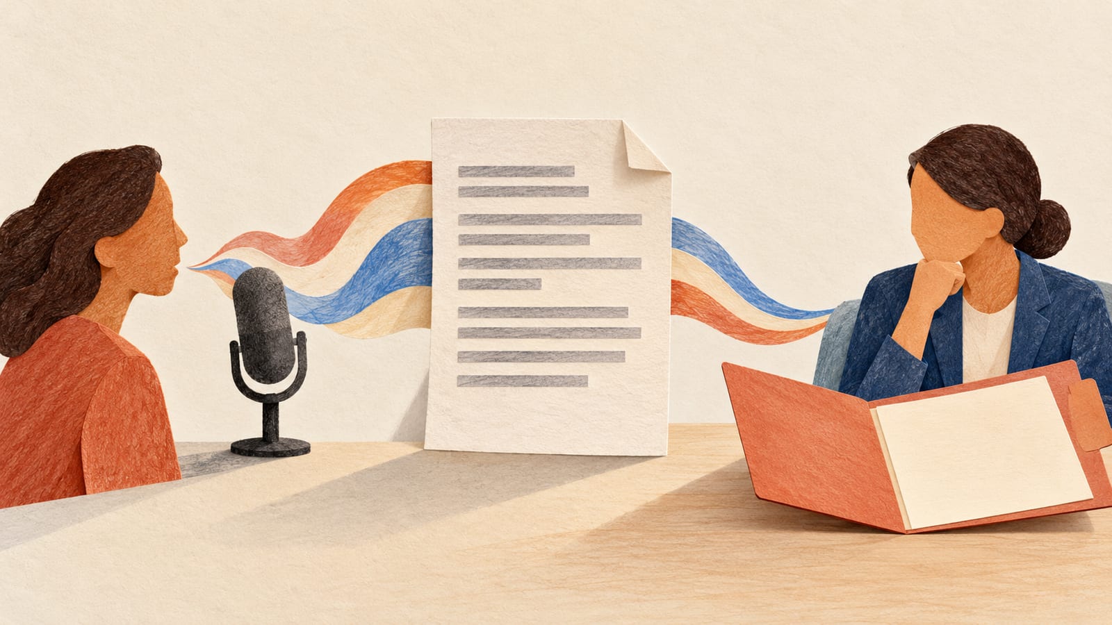 An abstract ribbon of speech reaches a blank transcript, then a separate human review desk with an unfilled decision folder.