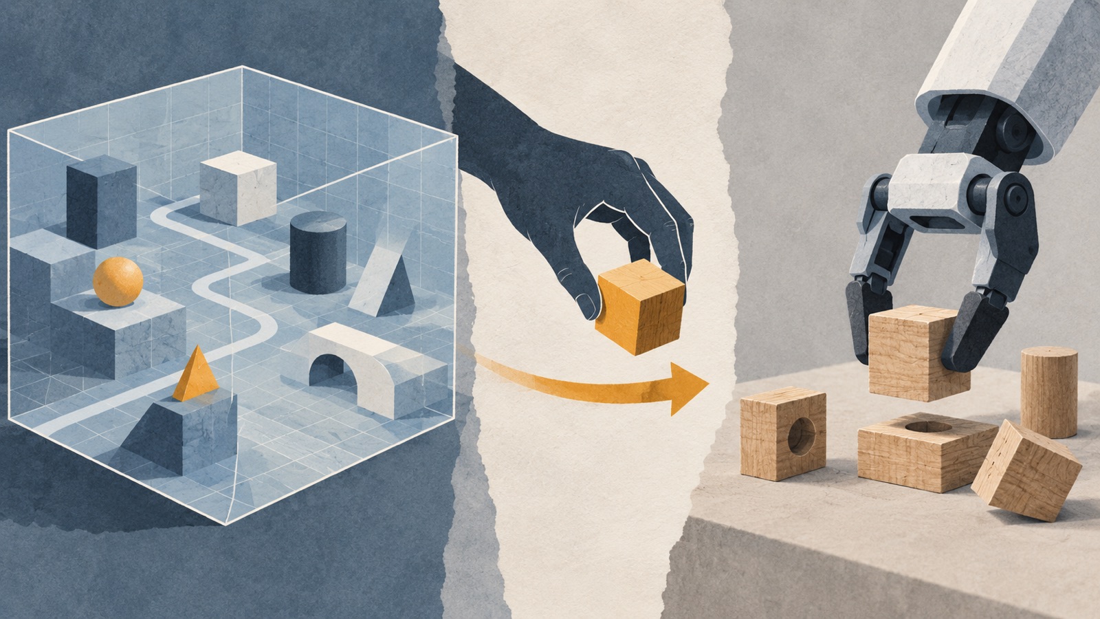 An abstract simulated world feeds a single hand demonstration into a real robot trial with imperfect wooden pieces.