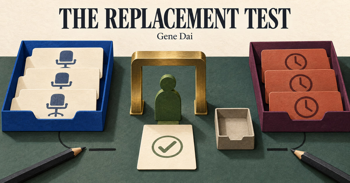 A paper-cut budget table places an AI worker between stacked software seats and service-hour cards under the headline THE REPLACEMENT TEST.