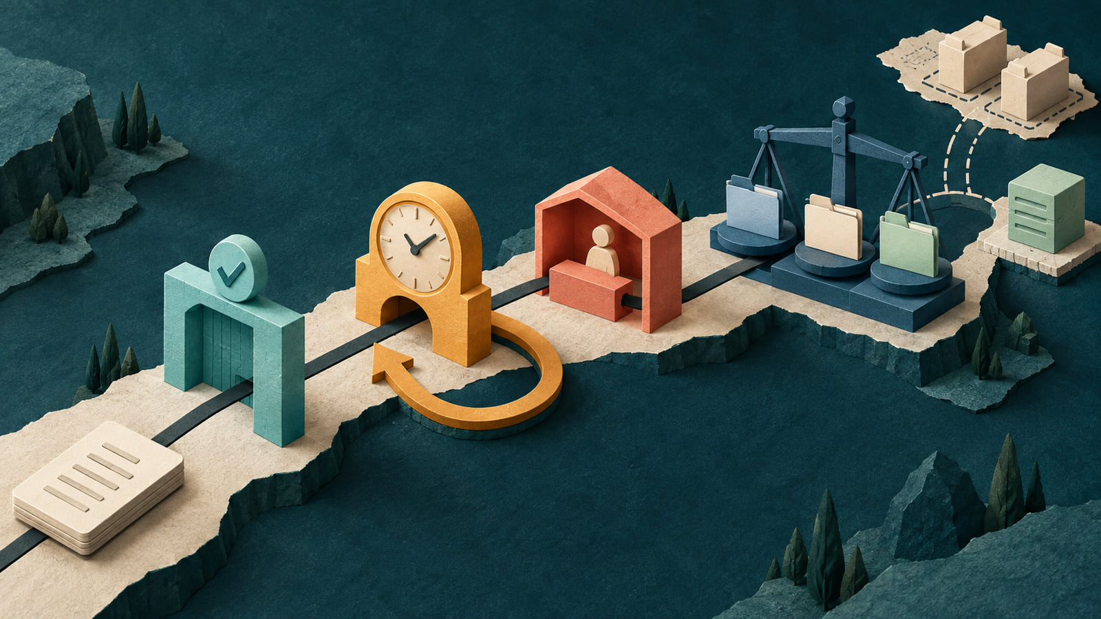 A top-down paper map connects an accepted work item to a quality clock, a human exception desk and two contract folders.