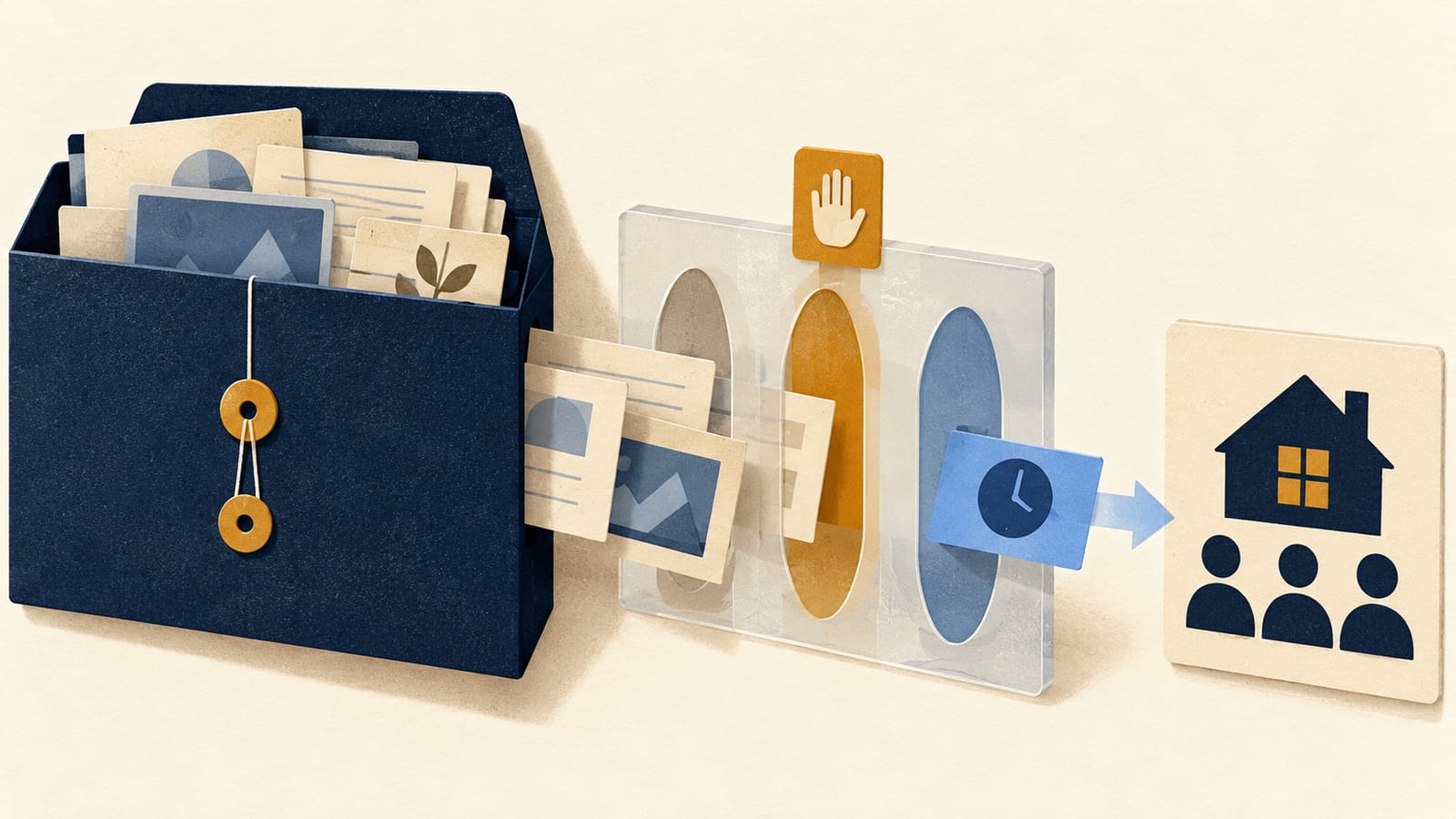 Private source papers pass through an approval gate while only a time card reaches a shared household plan.
