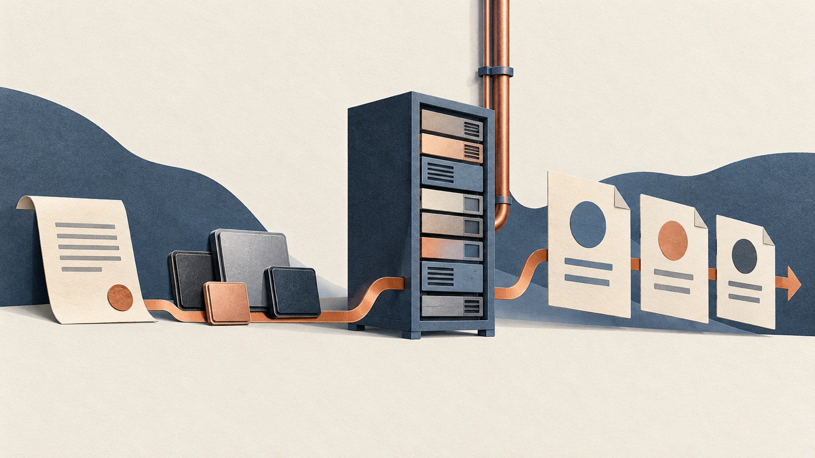 A folded financing document and processor blocks connect through a data-center rack to three completed task cards.