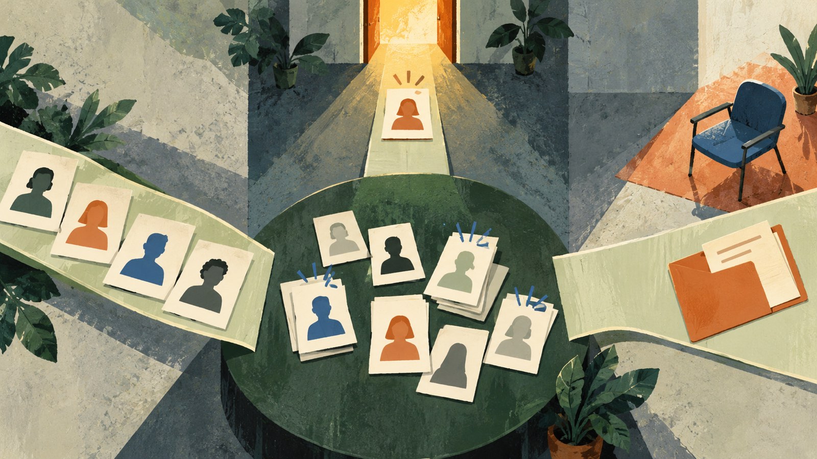 An overhead editorial illustration shows candidate profile cards arriving at a sorting table beside an open role folder; one path reaches a lit doorway while other cards await a reply.