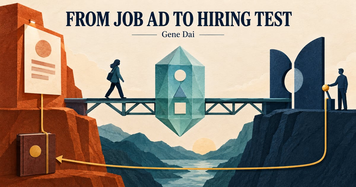 An editorial cut-paper bridge connects a job advertisement to a hiring test under the headline FROM JOB AD TO HIRING TEST.