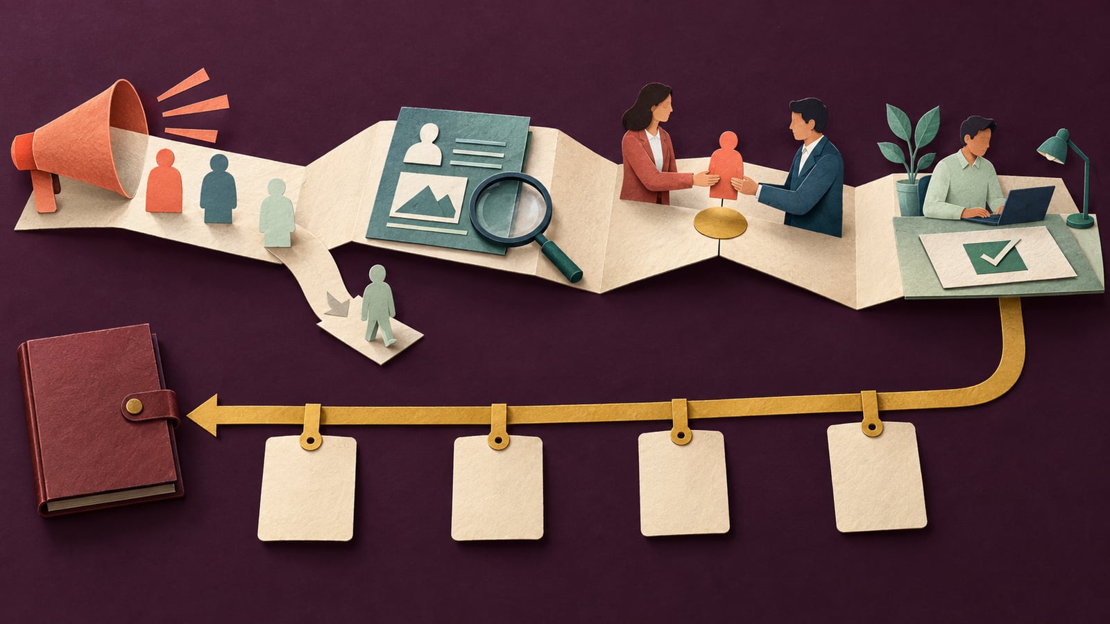 A folded recruitment route moves candidates from advertising through skills evidence and a human decision to a work outcome while an audit ribbon returns to the budget owner.