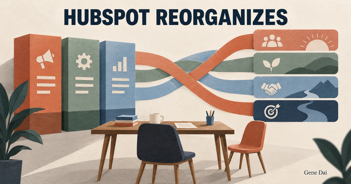 Three abstract software columns feed four outcome paths above a quiet worktable, under the words HUBSPOT REORGANIZES.