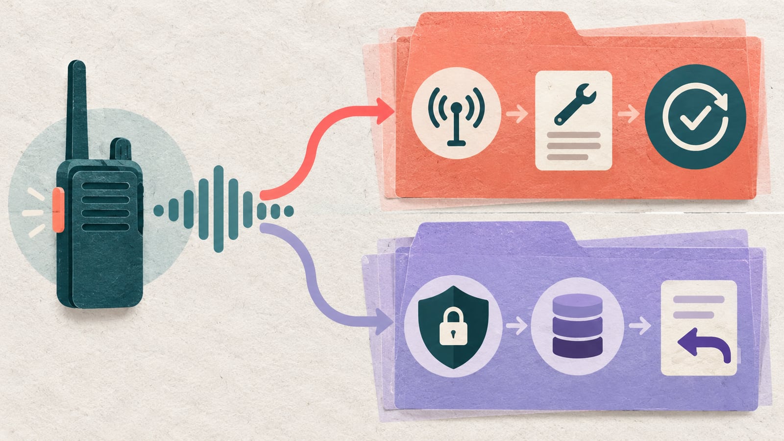 A large voice token from a factory radio splits into an operations proof file and a protected worker-data file, using abstract paper shapes without text or product screens.
