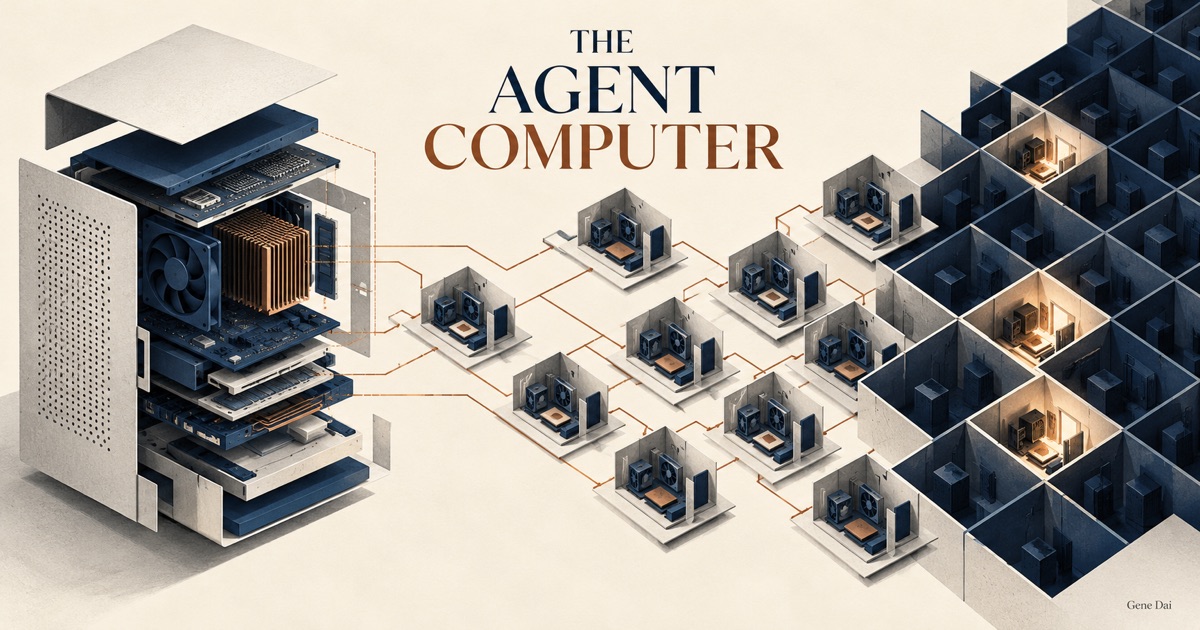 An illustrated computer opens into a grid of separate agent work chambers under the words The Agent Computer.