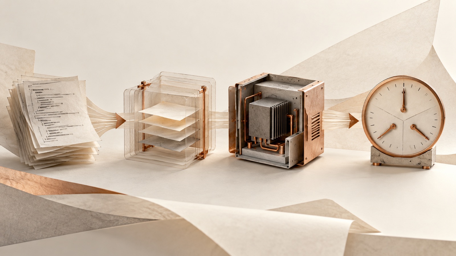 An illustrated set of code sheets passes through two separate containment options toward a three-needle measurement dial.