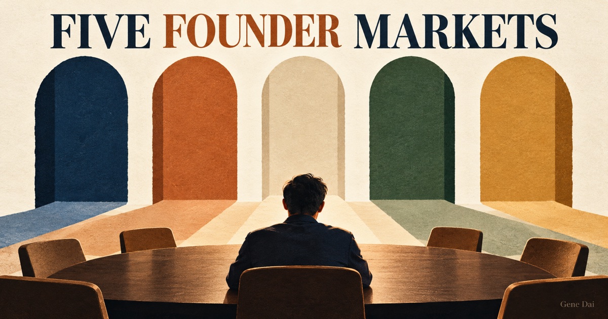 A founder sits alone at a wide table facing five plain colored archways beneath the words Five Founder Markets and a small Gene Dai signature.