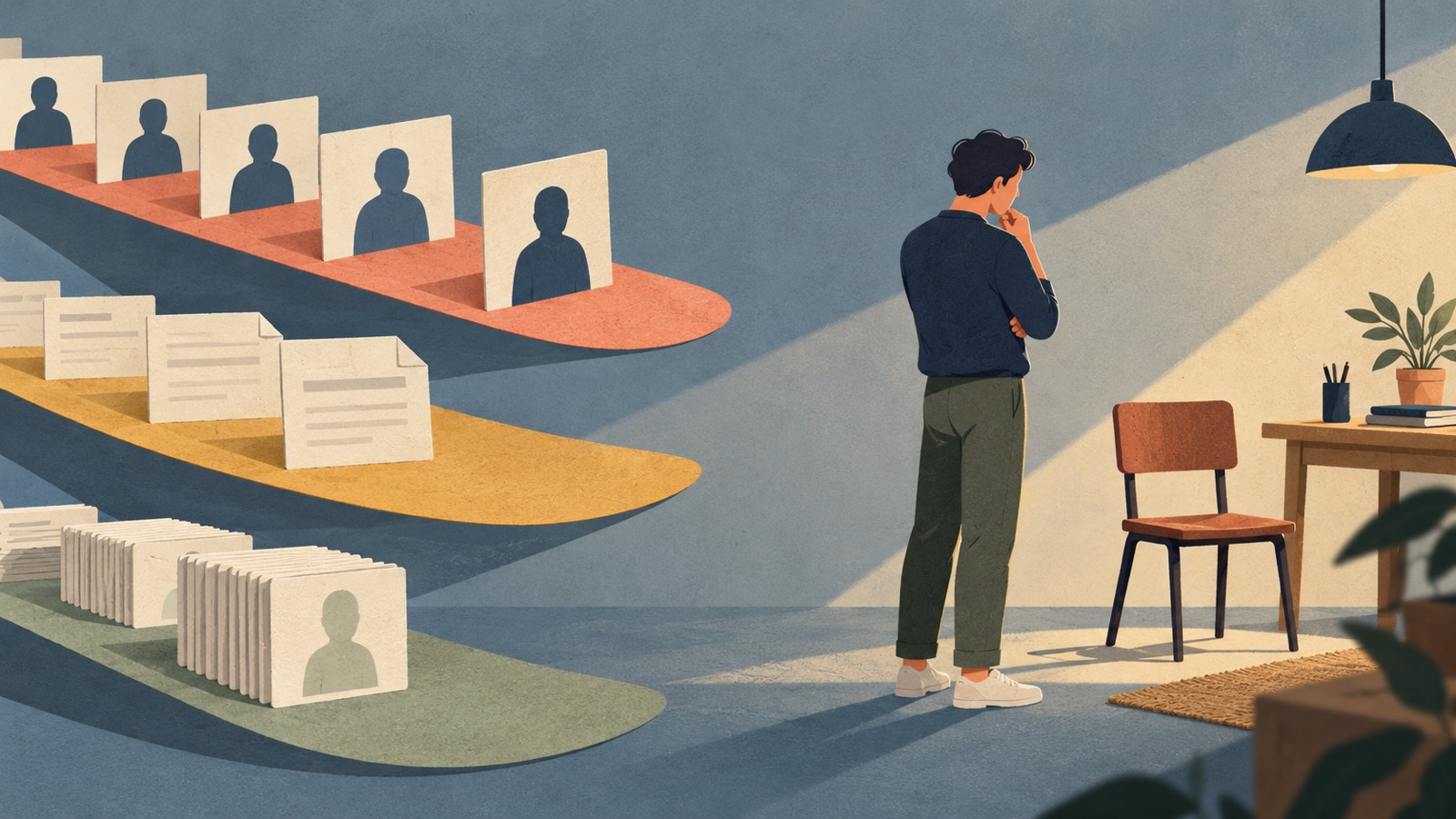 Three separate streams of profile cards, paperwork and candidate files approach a founder considering an empty chair beside a workbench.