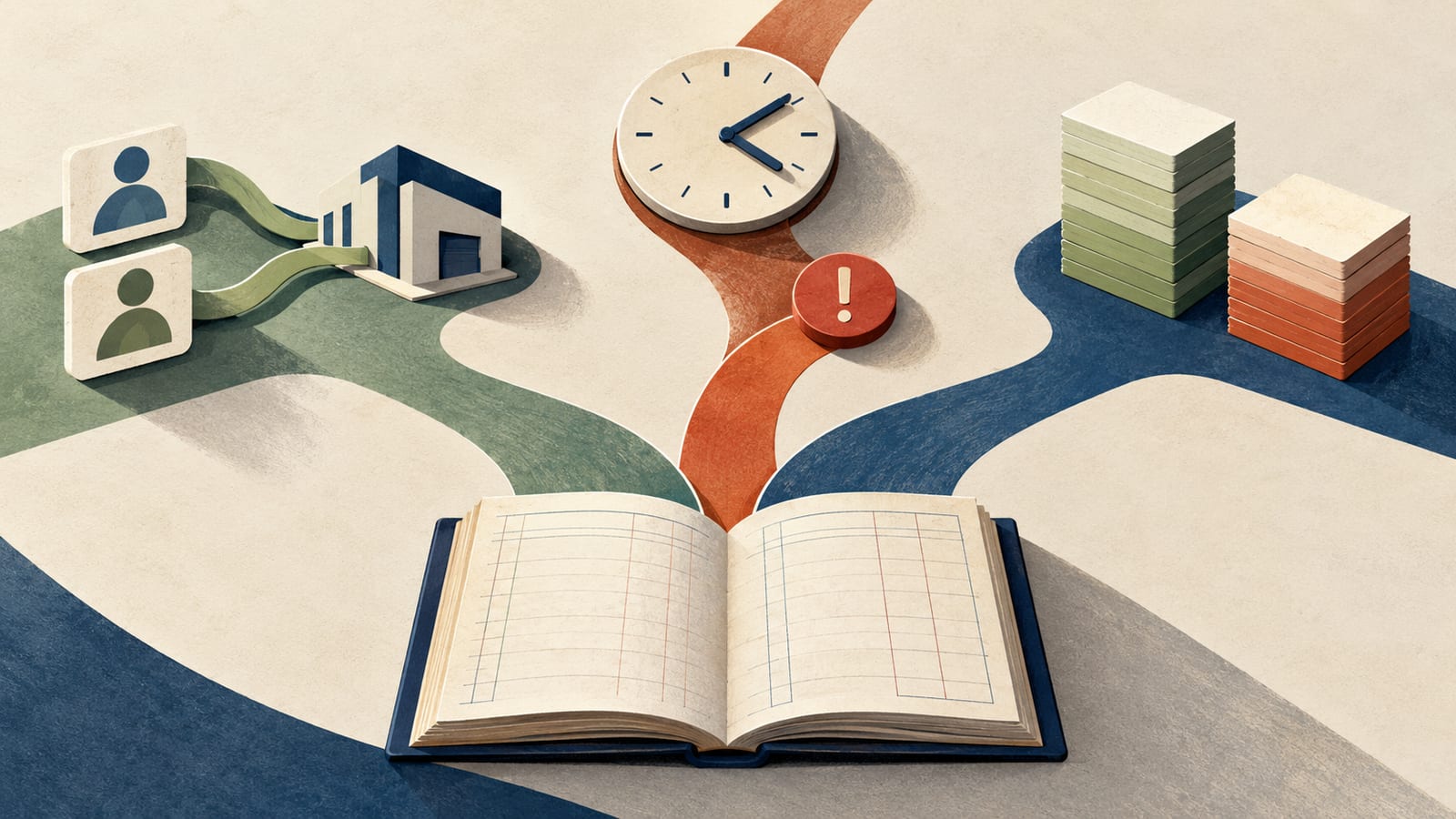 An open staffing ledger branches into candidate placement, a clock and exception marker, and two stacks representing service economics.