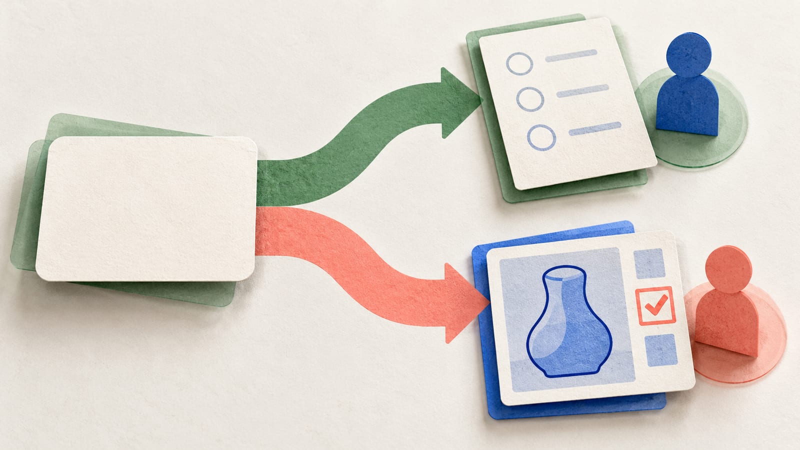 A blank task card forks into a survey participant path and a separate annotation review path, each ending with a human token.