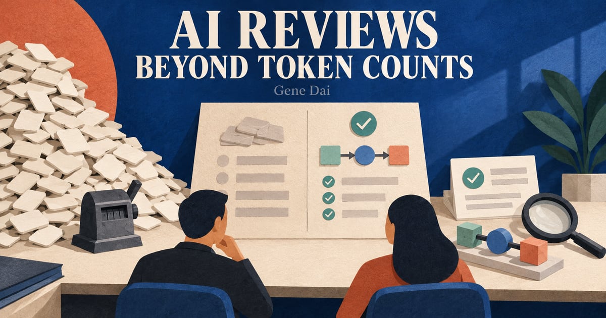 Two colleagues review an evidence board while a pile of blank AI tokens sits beside the headline AI REVIEWS BEYOND TOKEN COUNTS.