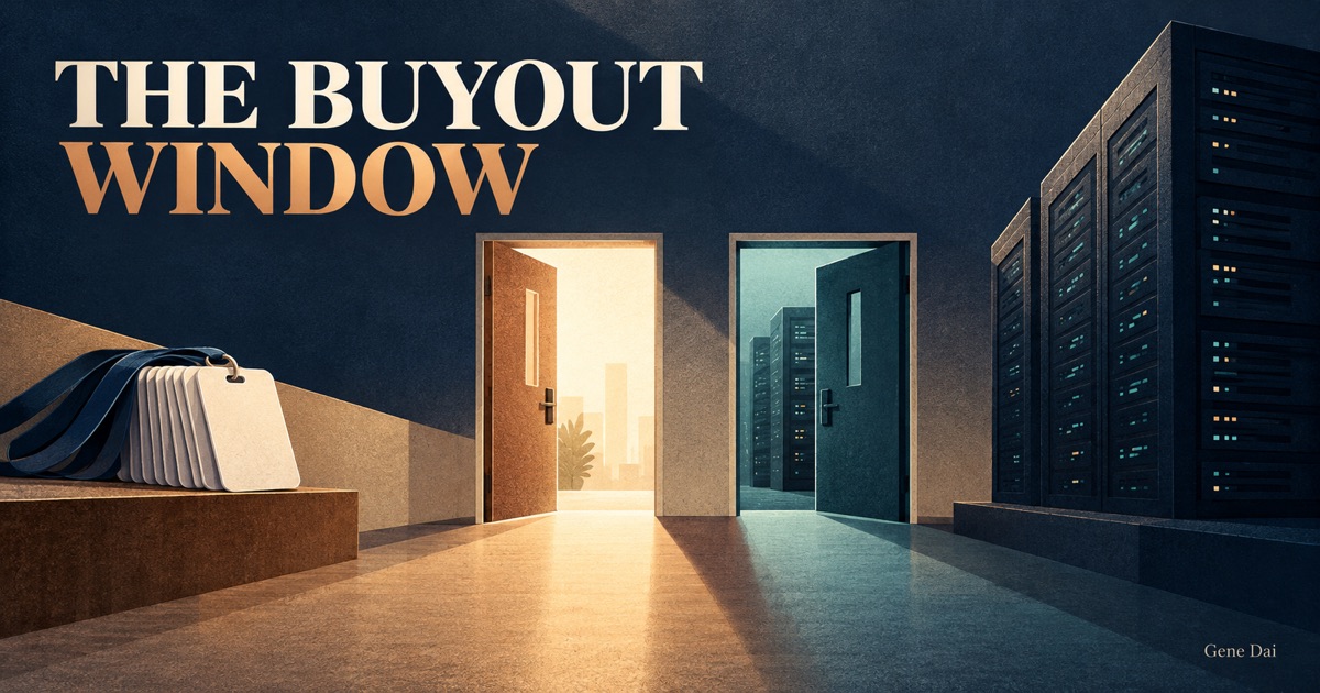 An illustrated office corridor divides between two plain doors, with blank employee badges and an abstract server rack beneath the words The Buyout Window and a small Gene Dai signature.