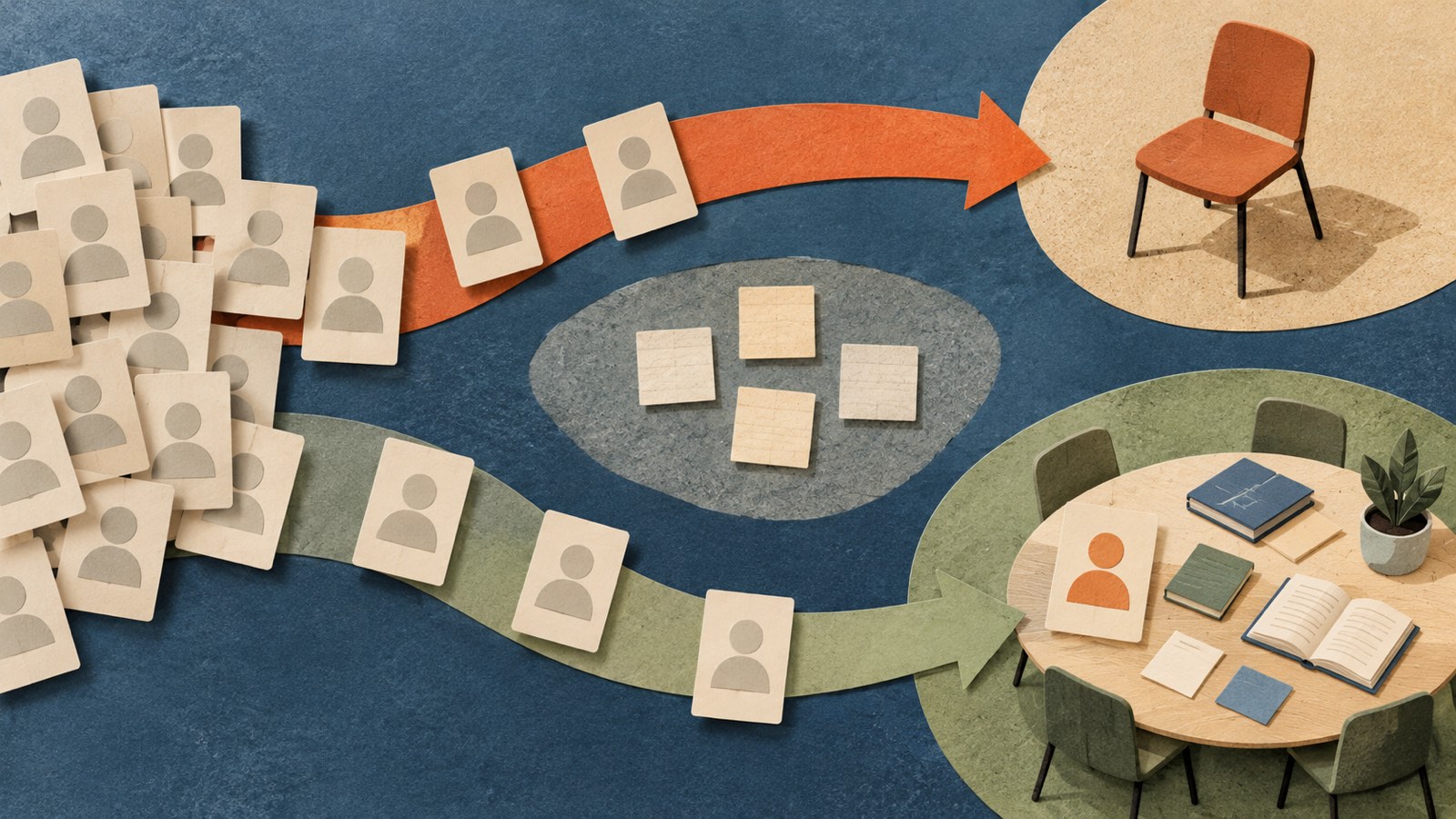 Blank role cards split toward an empty chair and a new cross-team worktable while unfinished tasks remain between the paths.