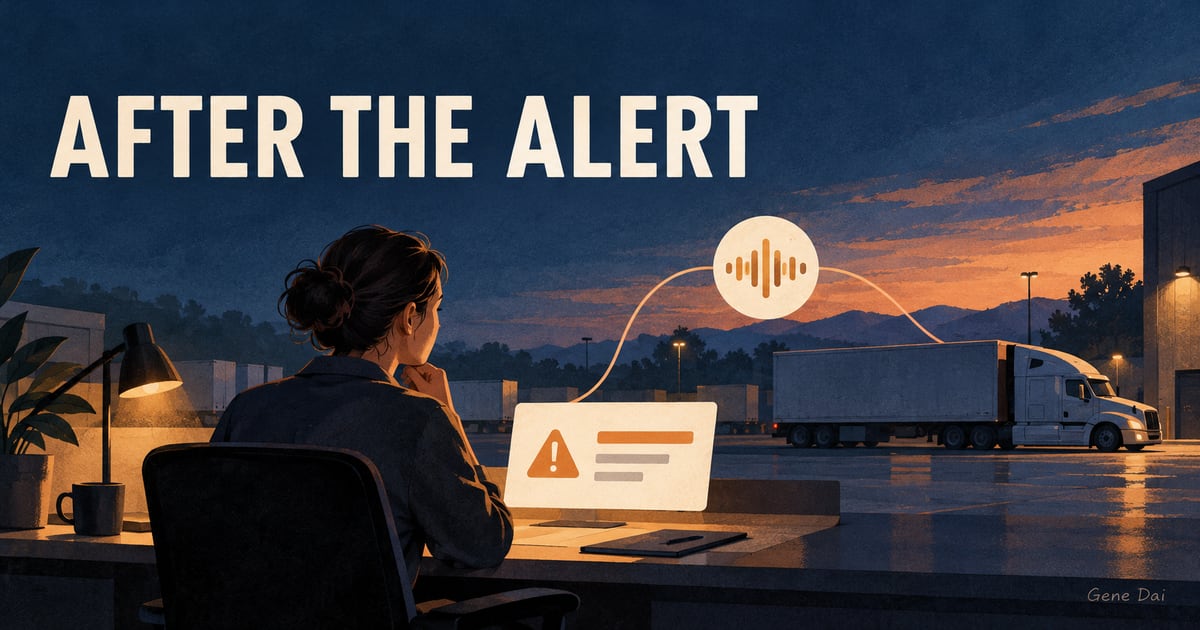 An anonymous fleet safety worker reviews an abstract alert beside a parked truck at dusk, beneath the words AFTER THE ALERT and a small Gene Dai signature.