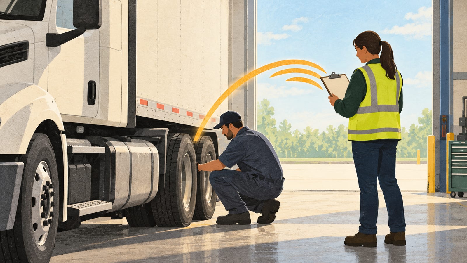 An anonymous mechanic checks a parked truck's rear wheel while a safety worker reviews a blank paper checklist in a fictional maintenance bay.