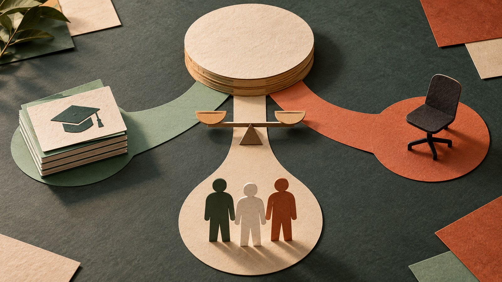A finite paper budget disk sends three broad paths toward learning cards, a specialist vacancy and existing workers, with a small balance at the junction.