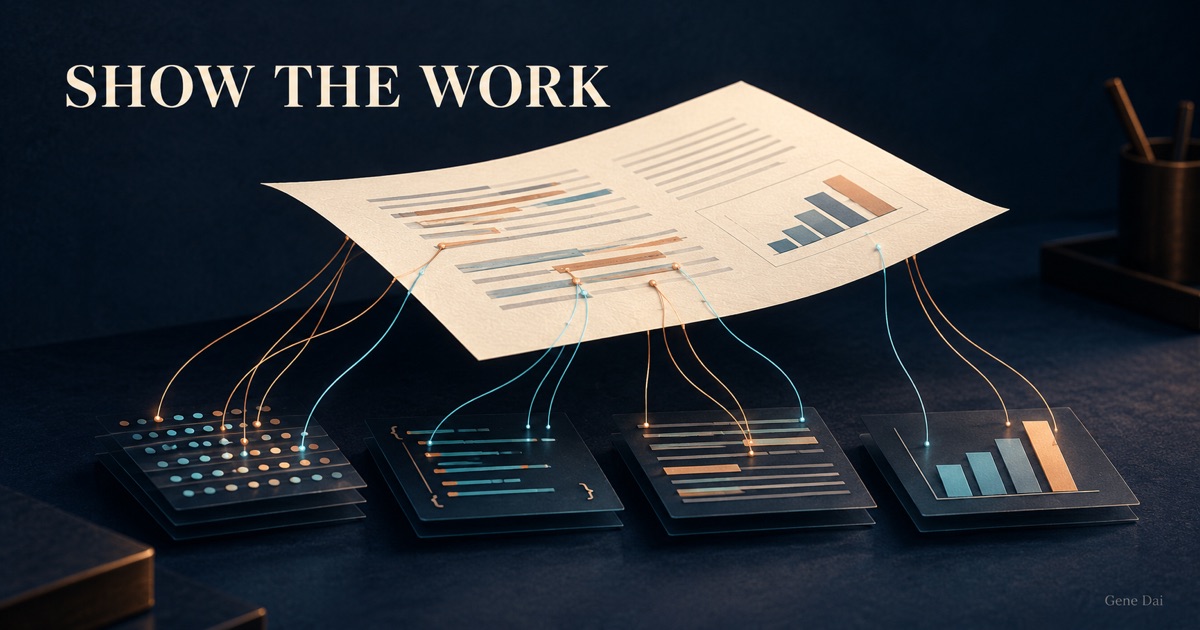 An editorial illustration of a document connected by visible lines to data, code, and a presentation, beneath the words Show the Work.