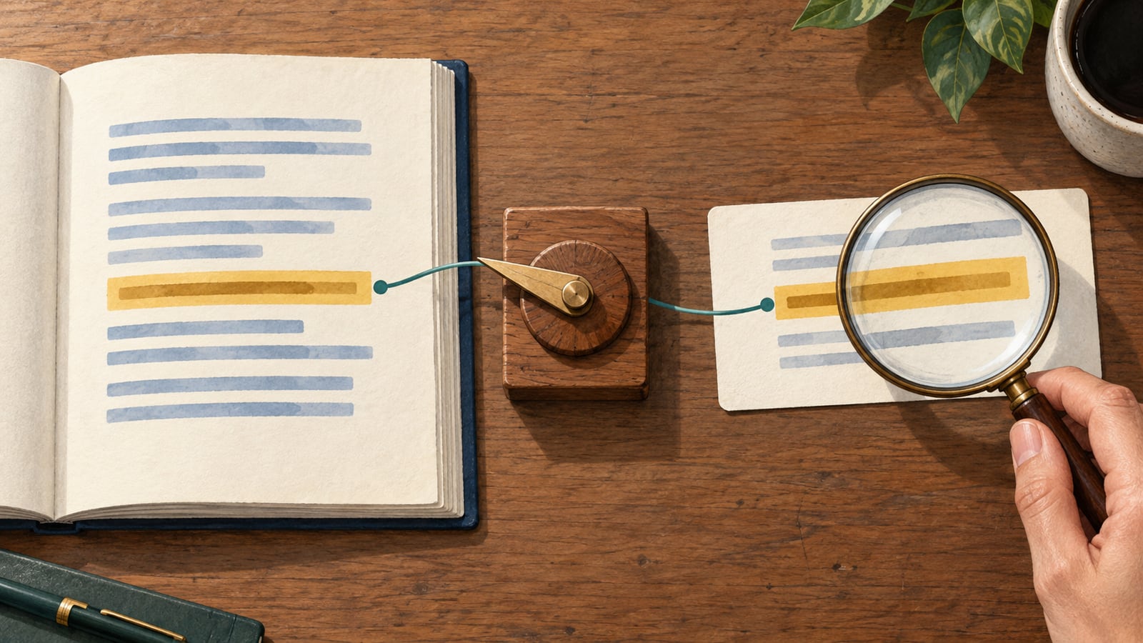 A wooden selector connects a highlighted document passage to a matching review card inspected through a magnifying glass.