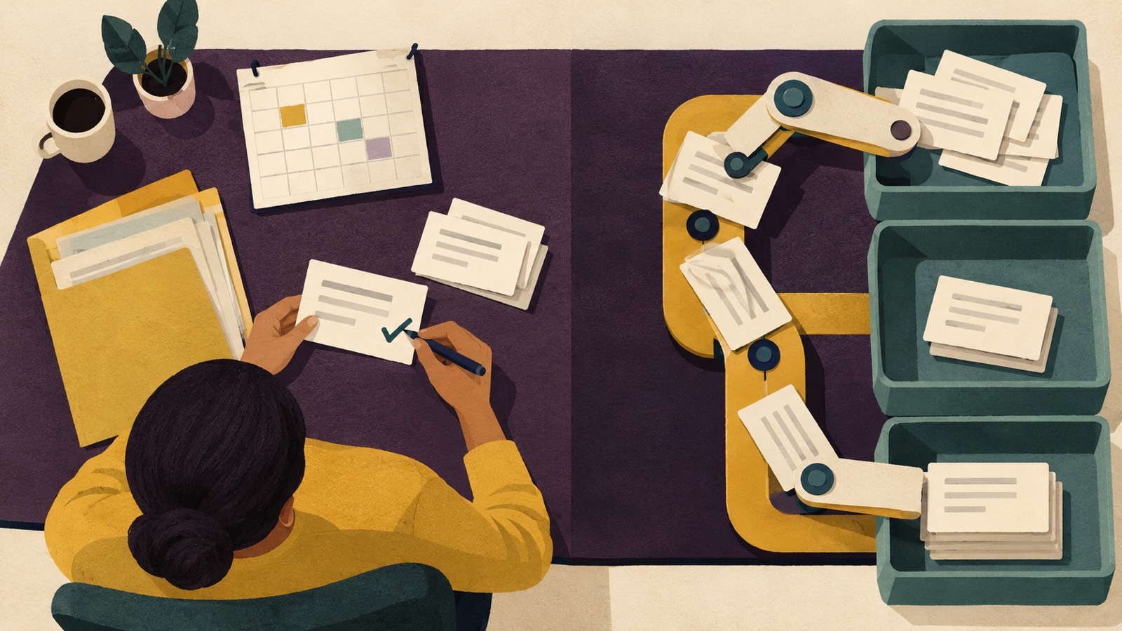 A worker marks a paper task card as reviewed beside an abstract automated flow of documents, with no company interface or real data shown.