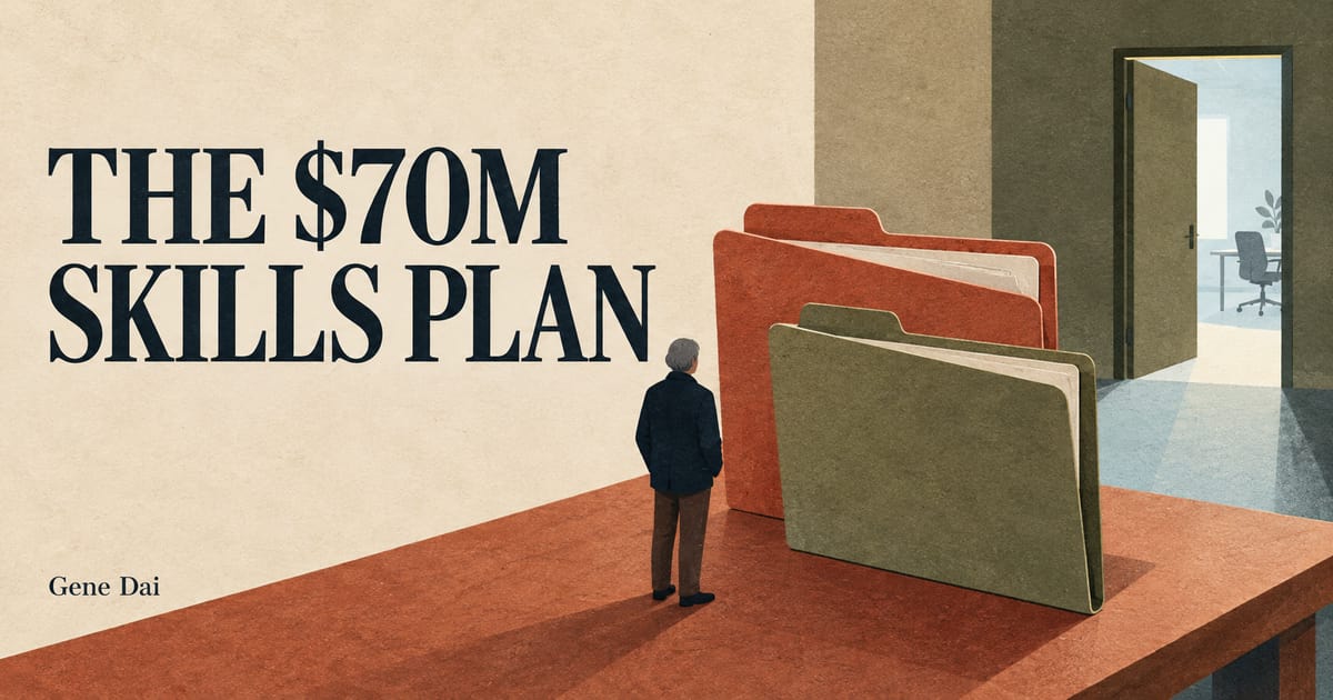 An anonymous person stands beside rust and olive folders facing an empty work doorway beneath the words THE $70M SKILLS PLAN.