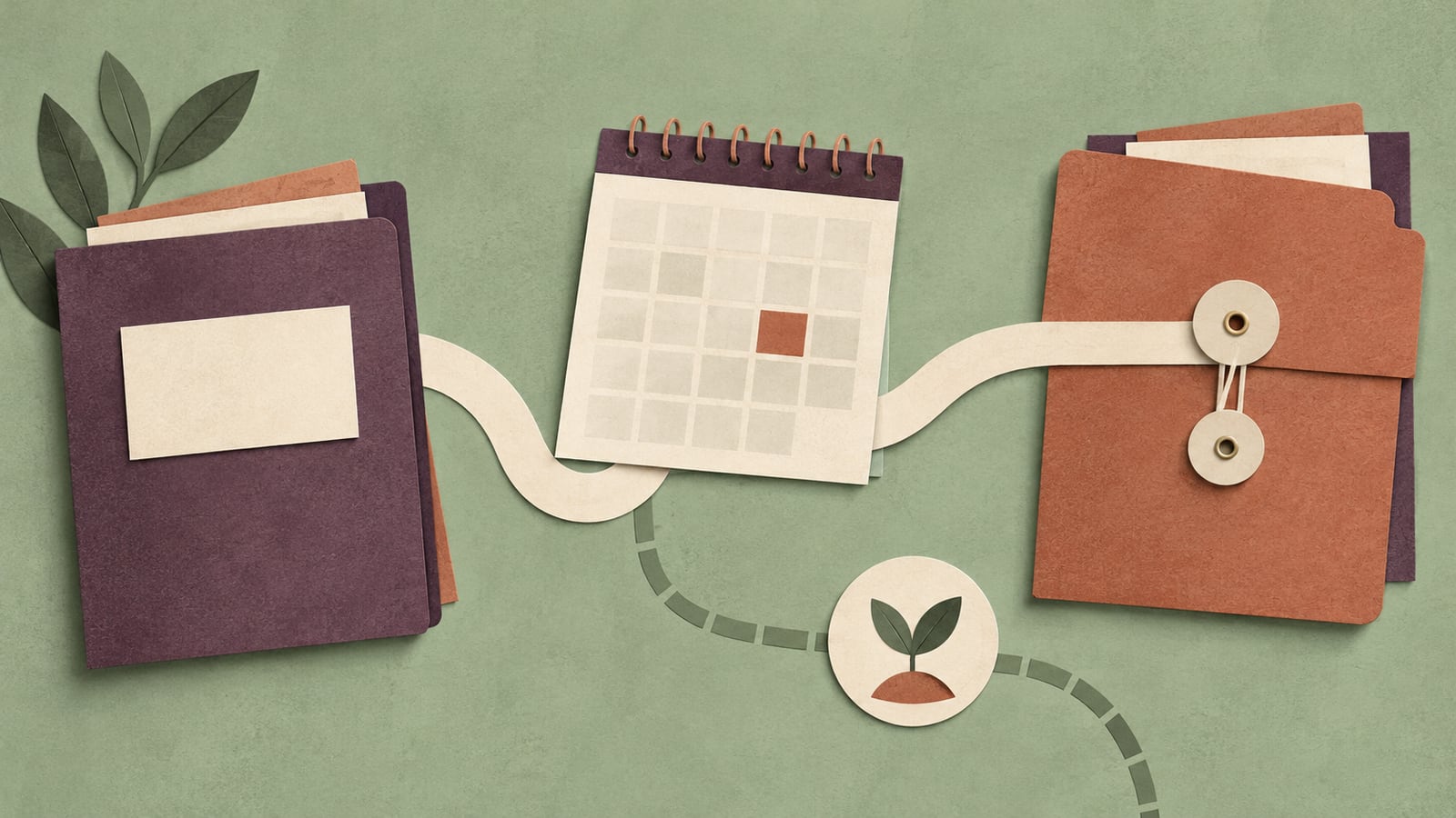 Three blank folders and a calendar connect to a clasped job file, while a second path curves toward a small growth symbol.